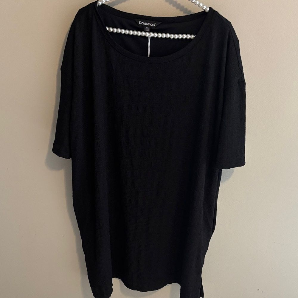 NEW Davi & Dani Black Dress 2XL Plus Size Short Sleeve Tunic Shift Crinkle Crepe